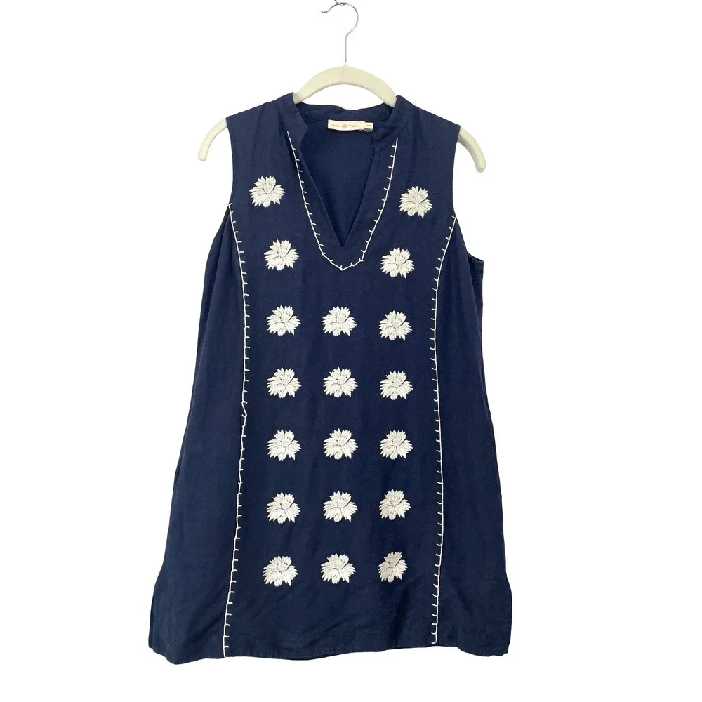 Tory Burch embroidered linen sleeveless mini dress Size XS navy blue